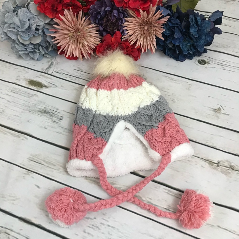 Gray, Pink & White Fleece Lined Beanie with Pom Poms - Picture 13 of 15